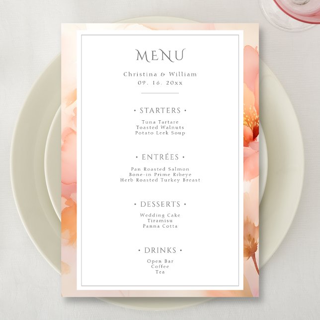 Modern Watercolor Peach Flower Wedding Menu (Creator Uploaded)
