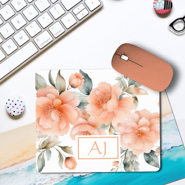 Modern Watercolor Peach Flowers Monogram Initials Mouse Mat (Creator Uploaded)
