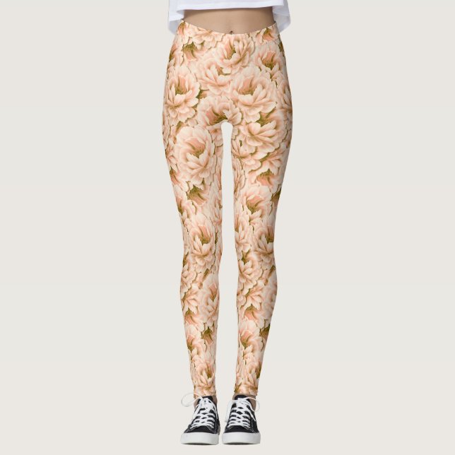 Modern Watercolor Peach Flowers Pattern Leggings (Front)