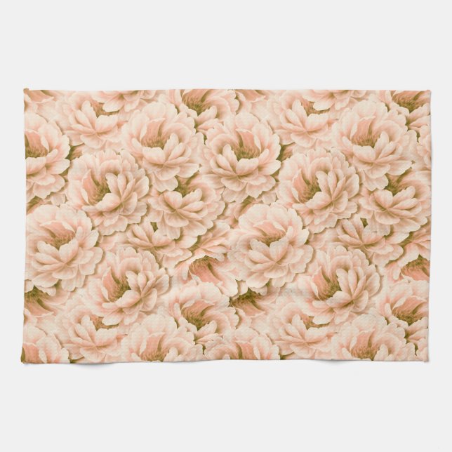 Modern Watercolor Peach Flowers Pattern Tea Towel (Horizontal)