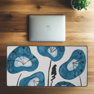 Modern Watercolor Peacock Blue Poppies Stylish Desk Mat
