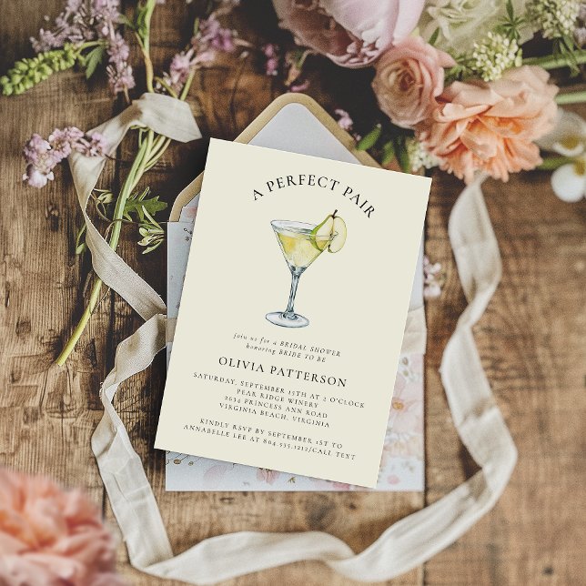 Modern Watercolor Pear Martini Bridal Shower  Invitation (A Perfect Pair Bridal Shower Invitation )