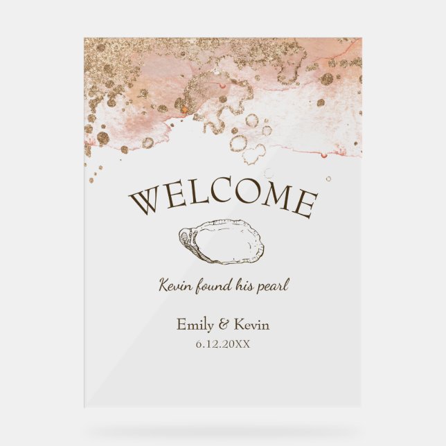 Modern Watercolor Pearl Beach Wedding Welcome Acrylic Sign (Front)