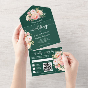 Modern Watercolor Peony Emerald QR Code Wedding All In One Invitation