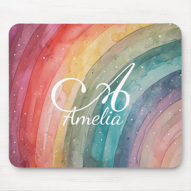Modern Watercolor Personalised Rainbow  Mouse Mat (Front)