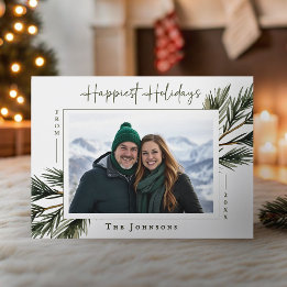 Modern Watercolor Pine Branch One Photo Christmas Holiday Card