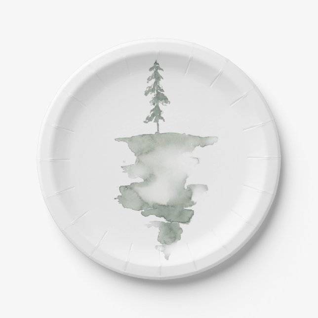 Modern Watercolor Pine Tree Paper Plate (Front)