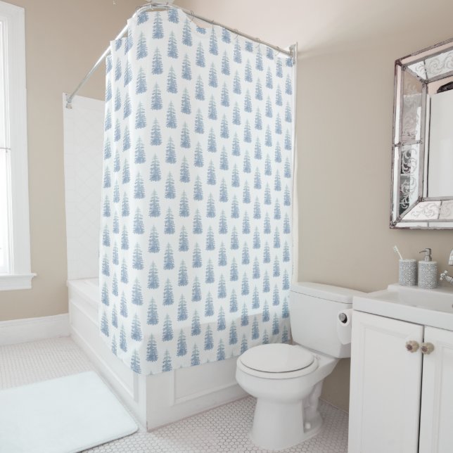 Modern Watercolor Pine Tree Pattern Christmas Shower Curtain (In Situ)