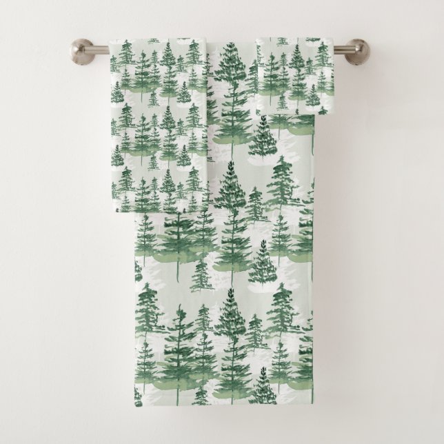 Modern Watercolor Pine Trees whimsical Christmas Bath Towel Set (Insitu)