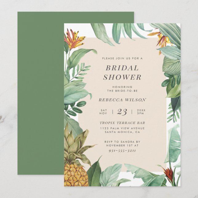 Modern Watercolor Pineapple Tropical Bridal Shower Invitation (Front/Back)