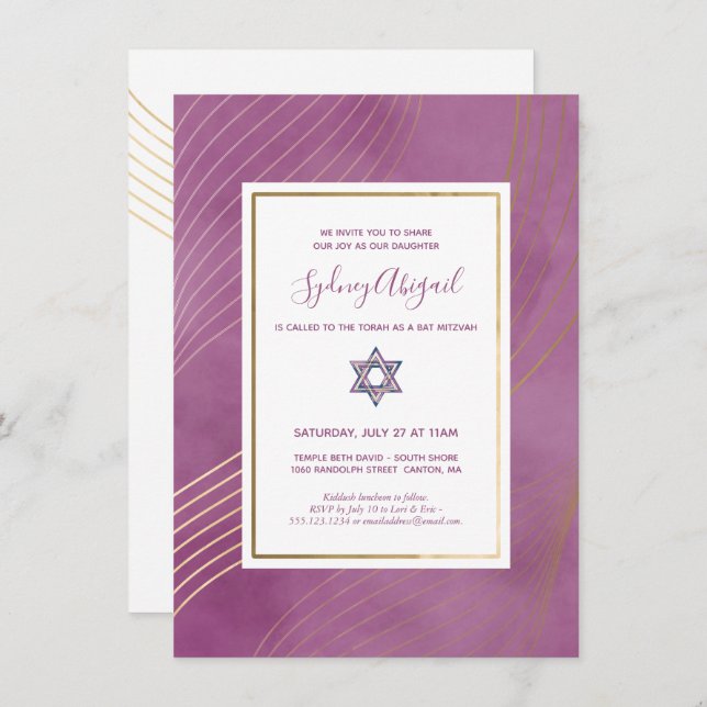 Modern Watercolor Pink and Gold Bat Mitzvah Invitation (Front/Back)
