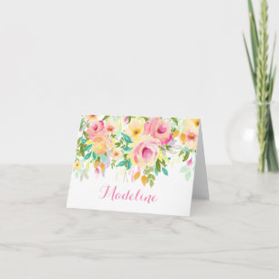 Modern Watercolor, Pink and Green Thank You Note Card