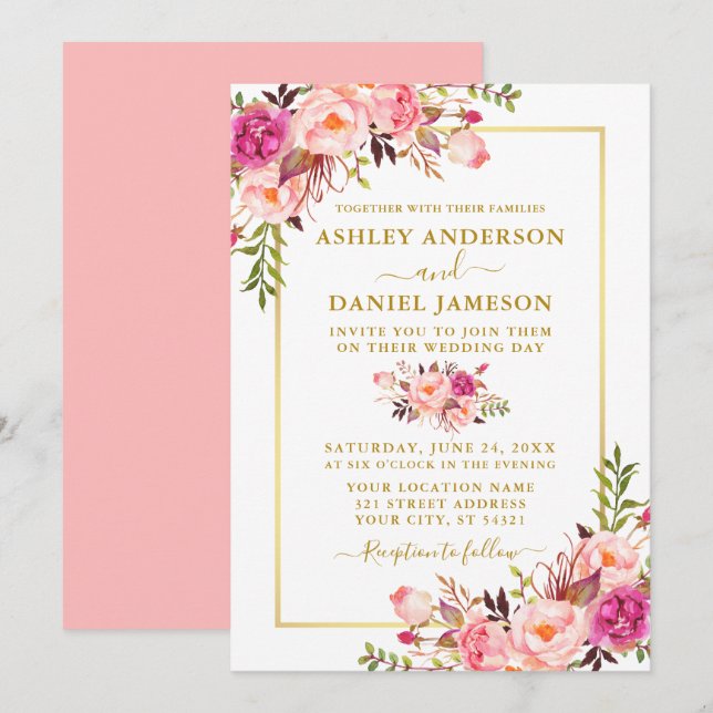 Modern Watercolor Pink Blush Floral Wedding Gold Invitation (Front/Back)