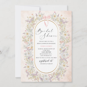 Modern Watercolor Pink bow retro flowers Bridal Sh Invitation