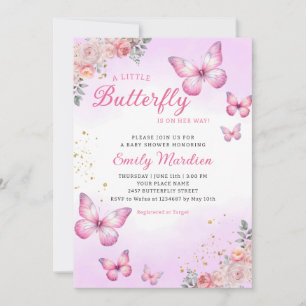 Modern Watercolor Pink Butterfly Girl Baby Shower Invitation