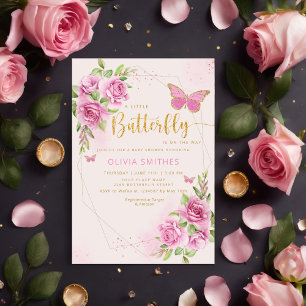 Modern Watercolor Pink Butterfly Girl Baby Shower Invitation