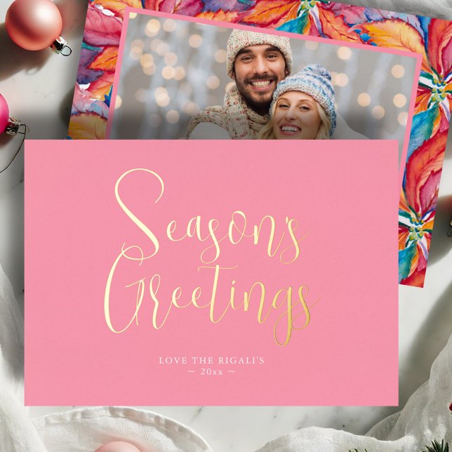 Modern Watercolor Pink Christmas Cards (Pink Christmas cards photo and watercolor poinsettia art by Victoria Grigaliunas of Do Tell A Belle)