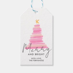 Modern Watercolor Pink Christmas Tree Gift Tags