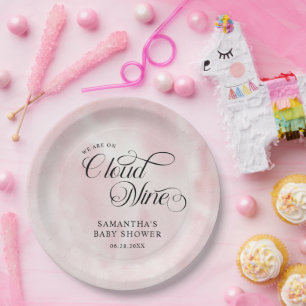Modern Watercolor Pink Cloud Nine Baby Shower Paper Plate