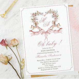 Modern Watercolor pink crest Rockin Horse Baby Sho Invitation