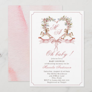 Modern Watercolor pink crest Rockin Horse Baby Sho Invitation