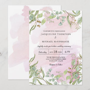Modern Watercolor Pink Eucalyptus Greenery Wedding Invitation