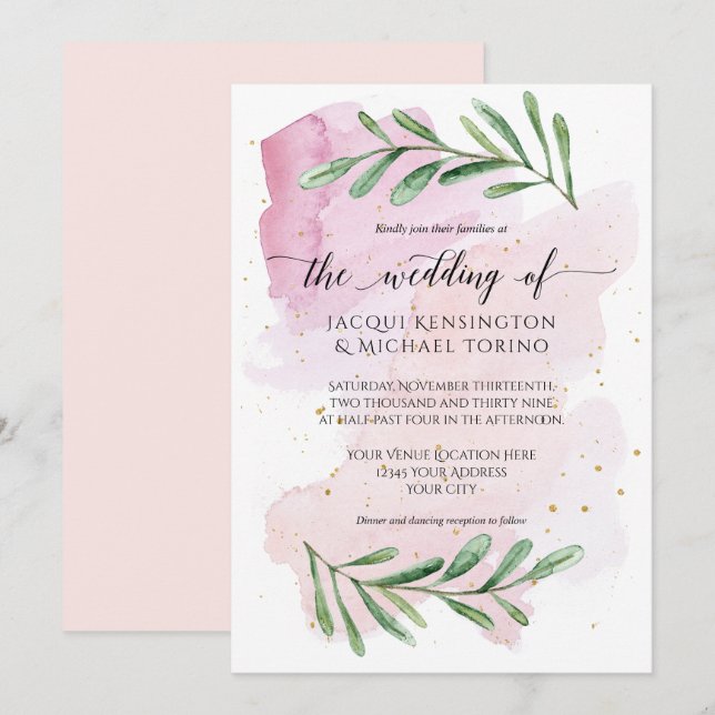 Modern Watercolor Pink Eucalyptus Greenery Wedding Invitation (Front/Back)