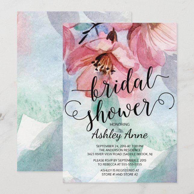 Modern Watercolor Pink Floral Bridal Shower Invitation (Front/Back)