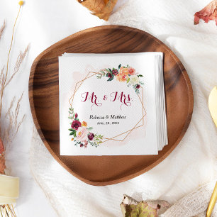 Modern Watercolor Pink Floral  Mr and Mrs Wedding Napkin