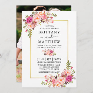 Modern Watercolor Pink Floral Photo Gold Wedding Invitation