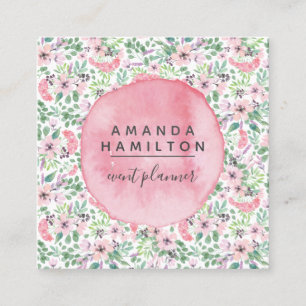 Modern Watercolor pink flowers greenery foliage Square Business Card