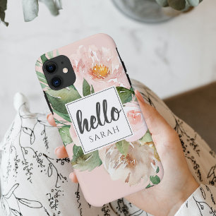 Modern Watercolor Pink Flowers & Hello & Name