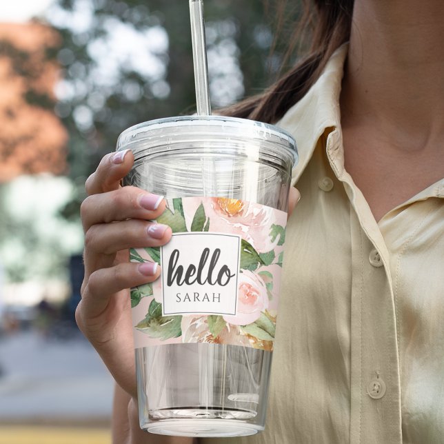 Modern Watercolor Pink Flowers & Hello & Name Acrylic Tumbler (Creator Uploaded)