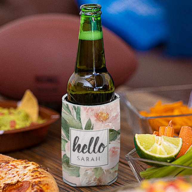 Modern Watercolor Pink Flowers & Hello & Name Can Cooler (Creator Uploaded)