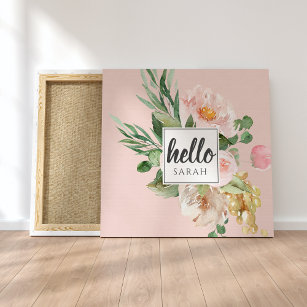 Modern Watercolor Pink Flowers & Hello & Name Canvas Print