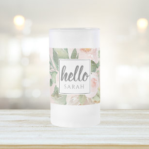 Modern Watercolor Pink Flowers & Hello & Name Frosted Glass Beer Mug