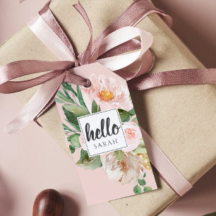 Modern Watercolor Pink Flowers & Hello & Name Gift Tags