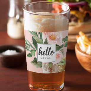 Modern Watercolor Pink Flowers & Hello & Name Glass