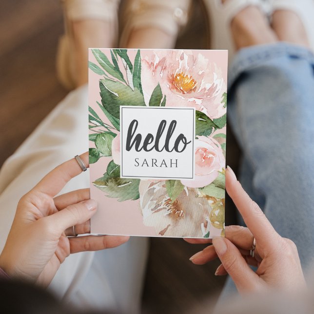 Modern Watercolor Pink Flowers & Hello & Name Holiday Card (Creator Uploaded)