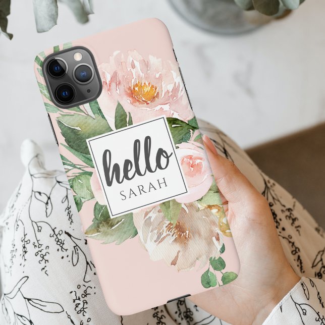 Modern Watercolor Pink Flowers & Hello & Name iPhone Case (Creator Uploaded)