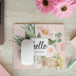 Modern Watercolor Pink Flowers & Hello & Name Mouse Mat<br><div class="desc">Modern Watercolor Pink Flowers & Hello & Name</div>