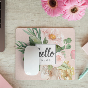 Modern Watercolor Pink Flowers & Hello & Name Mouse Mat