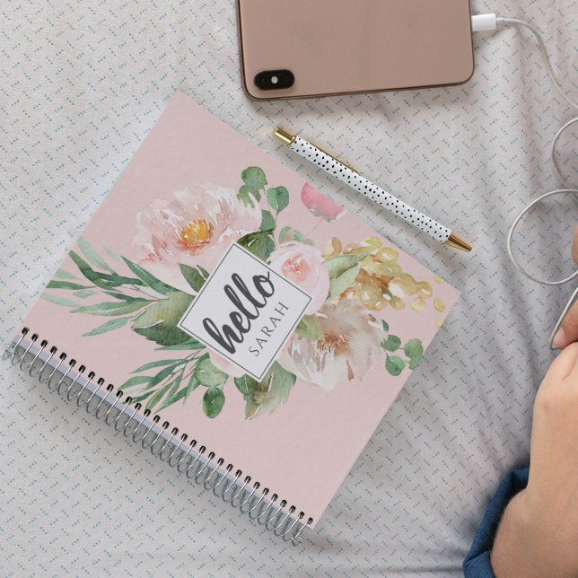 Modern Watercolor Pink Flowers & Hello & Name Notebook (Creator Uploaded)