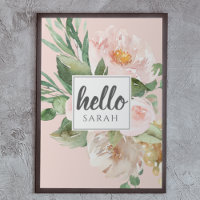 Modern Watercolor Pink Flowers & Hello & Name