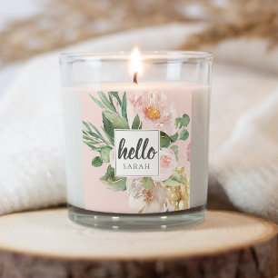 Modern Watercolor Pink Flowers & Hello & Name Square Sticker