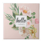 Modern Watercolor Pink Flowers & Hello & Name Tile<br><div class="desc">Modern Watercolor Pink Flowers & Hello & Name</div>