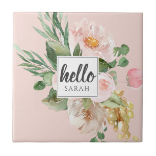 Modern Watercolor Pink Flowers & Hello & Name Tile