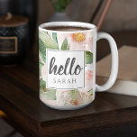 Modern Watercolor Pink Flowers & Hello & Name Two-Tone Coffee Mug<br><div class="desc">Modern Watercolor Pink Flowers & Hello & Name</div>