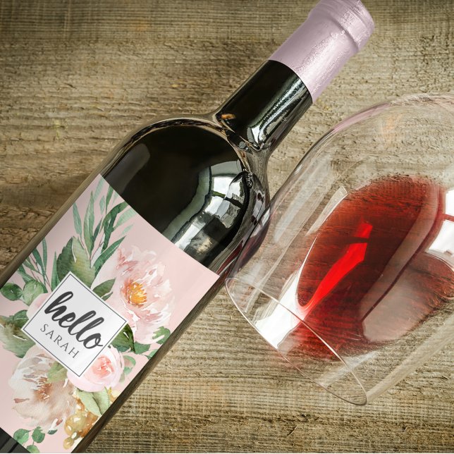 Modern Watercolor Pink Flowers & Hello & Name Wine Label (Creator Uploaded)