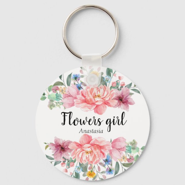 Modern Watercolor Pink Flowers Key Ring (Front)